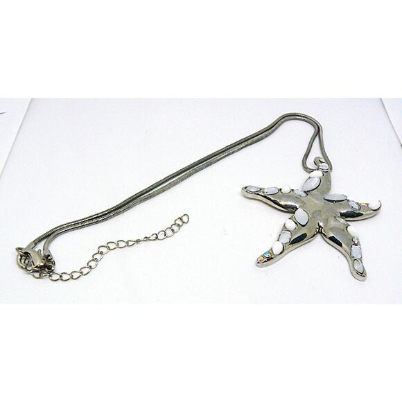 Silver Starfish Pendant Necklace 17-20" Aurora Borealis & Clear Crystals White - Picture 3 of 4